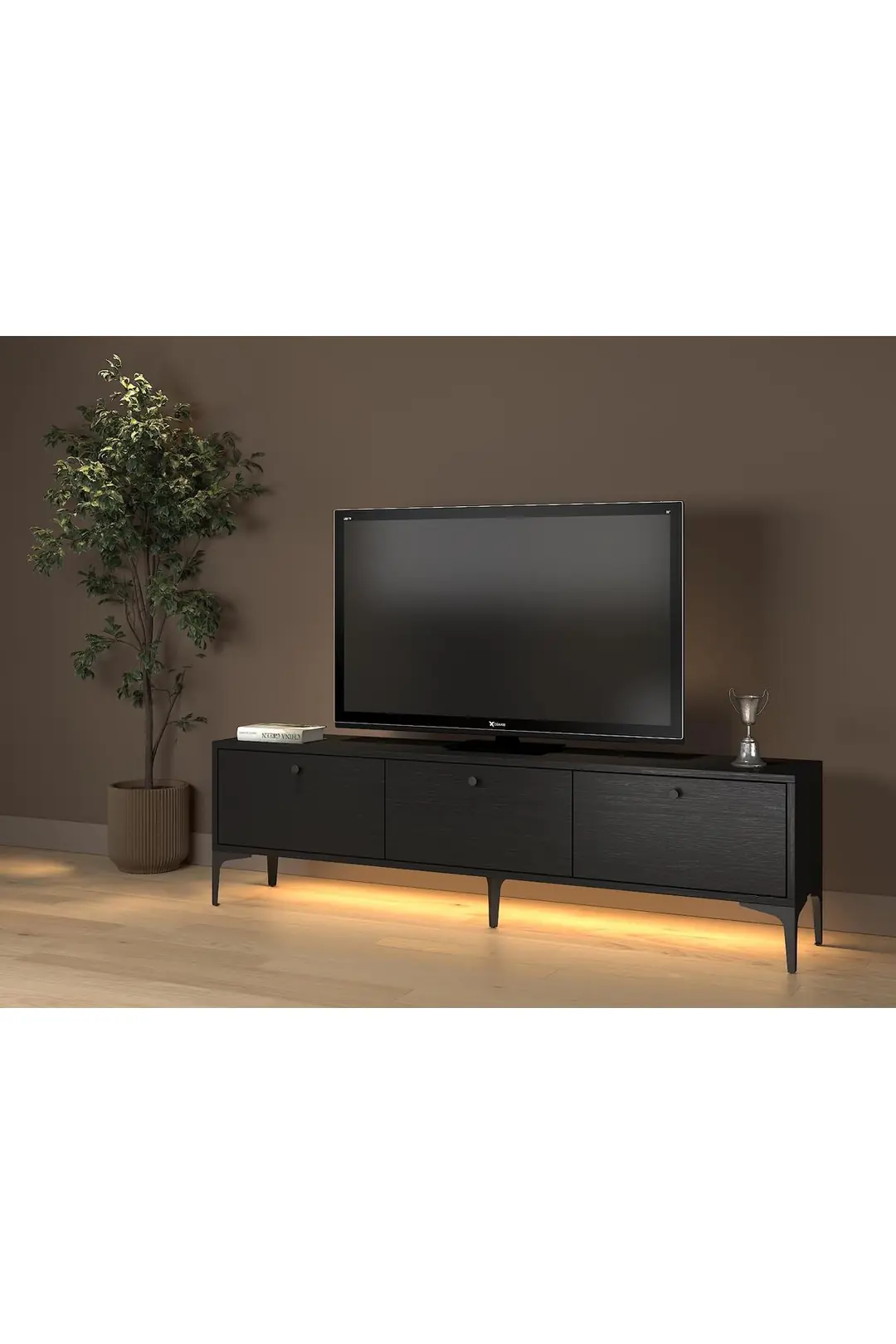 Paris Led Işıklı Dolaplı Minifiksli 160 Cm Tv Ünitesi - Tv Sehpası - Wood Siyah